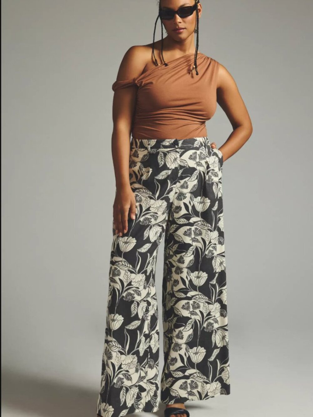 Anthropologie Maeve Gray Ivory Floral Wide Leg Pants Soft Tailored Size 10